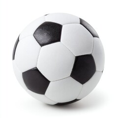 A classic black and white soccer ball, perfectly spherical, rests on a white background, casting a subtle shadow.  Its pentagonal and hexagonal panels are clearly visible