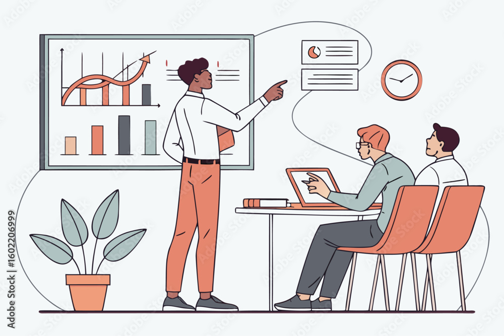 Poster business presentation in an office setting with a man explaining data to two colleagues during a mee