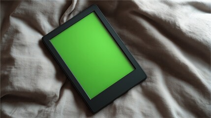 Digital tablet with blank green screen placed on soft fabric surface, perfect for app interface design mockups, ebook promotion visuals and creative presentation templates