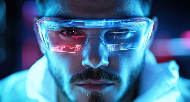 Futuristic Close-Up: Man in High-Tech Glasses with Blue and Red Asian wearing smart augmented reality