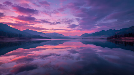 Fototapeta premium A tranquil lake perfectly reflecting pastel-colored skies at dawn