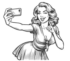 playful woman taking a selfie with a smartphone, winking and smiling confidently sketch engraving generative ai fictional character vector illustration. Scratch board imitation. Black and white image.