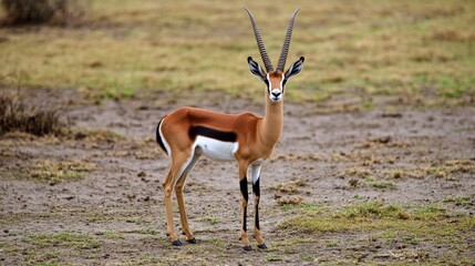 Naklejka premium Gazelle in Arid Landscape with Curved Horns and Intense Gaze, Thomson's (Eudorcas thomsonii) looking back