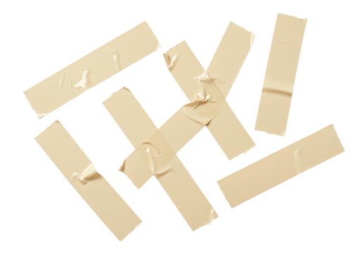 Ultra-realistic light beige masking tape, torn edges, crumpled texture, sticky surface, arranged unevenly on transparent background with copy space. Top-down view, bright shadowless lighting.
