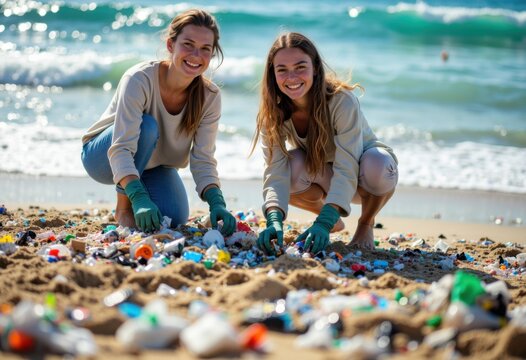 Two women with gloves pick up trash on the beach during a cleanup activity