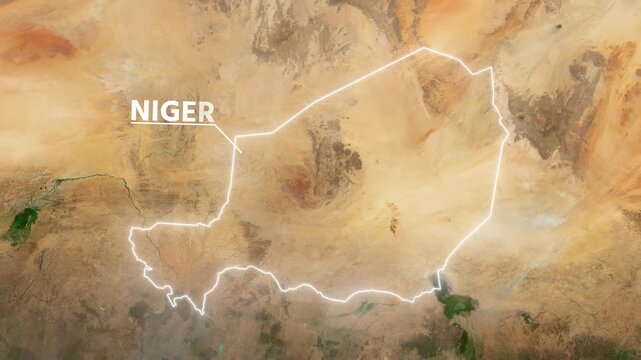 Zoom from Earth to Niger. Glow outline map animation satellite view with highlighted country borders. Cinematic documentary 3d world map animation highlights aerial views, tourism, and travel. 4k