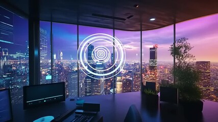 Modern office with high-tech screens overlooking a vibrant city skyline at dusk, showcasing innovation - Powered by Adobe