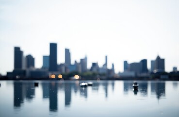 Fototapeta premium City skyline with tall buildings reflected on calm water during daytime
