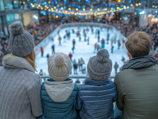 Family enjoying ice skating together, observing from above, with festive lights illuminating the rink, creating a joyful winter atmosphere and capturing the essence of holiday fun