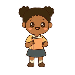 Smiling school girl holding a book in her hands, wearing a skirt and backpack. Great for educational materials, kids’ projects, posters, and learning-themed designs.