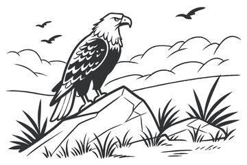 Fototapeta premium Eagle perched on a rock amidst grass and clouds in a natural landscape during the day
