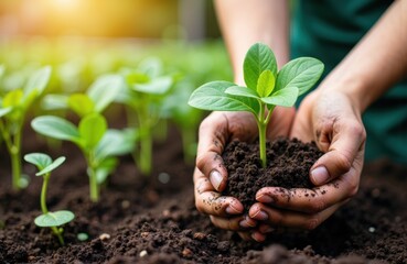 Woman planting young seedlings in soil to promote growth and sustainability