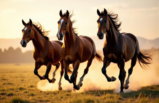 Three horses galloping across a grassy field at sunset with dust clouds rising behind them