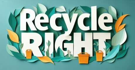 Bright illustration promotes recycling. Text reads Recycle RIGHT with papercraft style bins, leaves, vibrant colors. Positive environmental message.