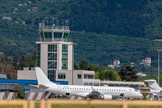 Control Tower And Runway With Airplanes on International Airport Tivat, Montenegro