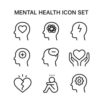 Mental health wellness psychology vector icons set. Outline symbols. Line design