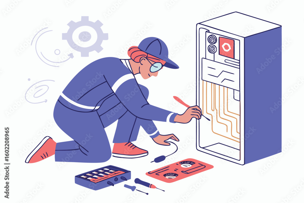 Aufkleber technician working on computer hardware in a modern workspace while troubleshooting technical issues