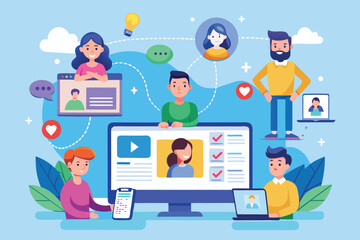 Digital collaboration in a virtual workspace with diverse individuals engaged in online communication and tasks