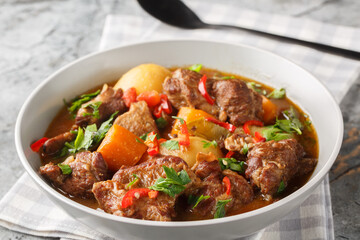 Semur Daging Indonesian braised beef with spices and sweet soy sauce closeup in the bowl on the table. Horizontal