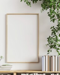 Blank Poster Frame Mockup with Bookshelf and Plants