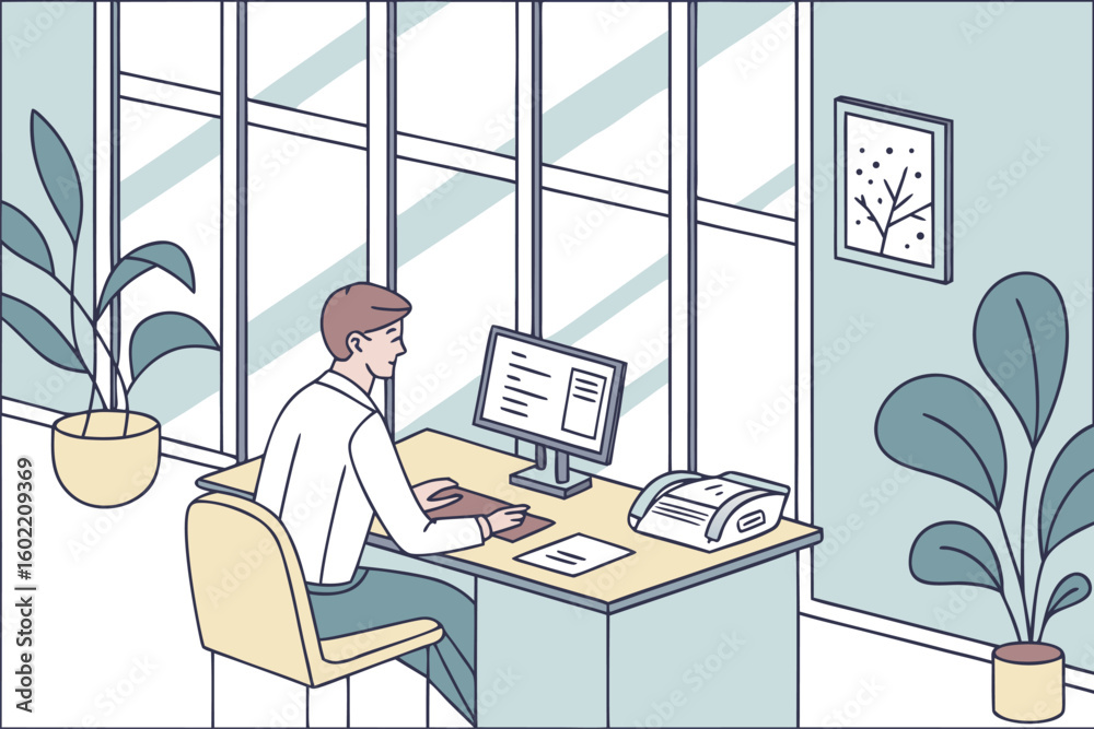Poster office worker at a desk focused on computer tasks in a modern workspace with large windows and plant