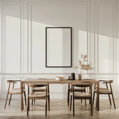 Modern dining room interior with wooden table and chairs. white walls. and a large black frame mockup