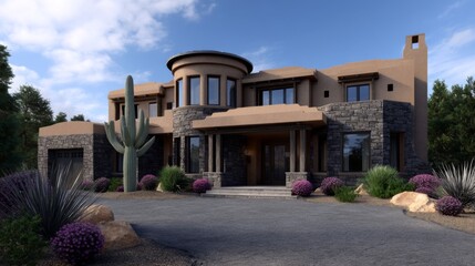 Fototapeta premium Stunning modern architecture home desert landscape exterior view arizona contemporary design