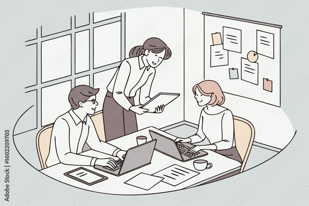 Poster collaboration occurs in a modern office setting where three professionals engage in discussion while