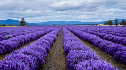 Endless rows of blooming lavender creating a soothing purple expanse