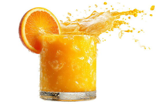 Refreshing chilled summer orange juice splash in crystal‑clear glass with floating ice cubes — ultra‑high‑resolution PNG cutout on seamless transparent background ideal for tropical beverage branding