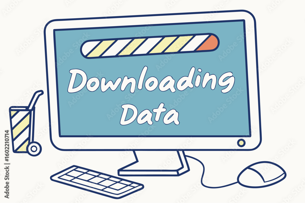 Poster downloading data on a computer screen with a progress bar indicating ongoing activity and a drink ne