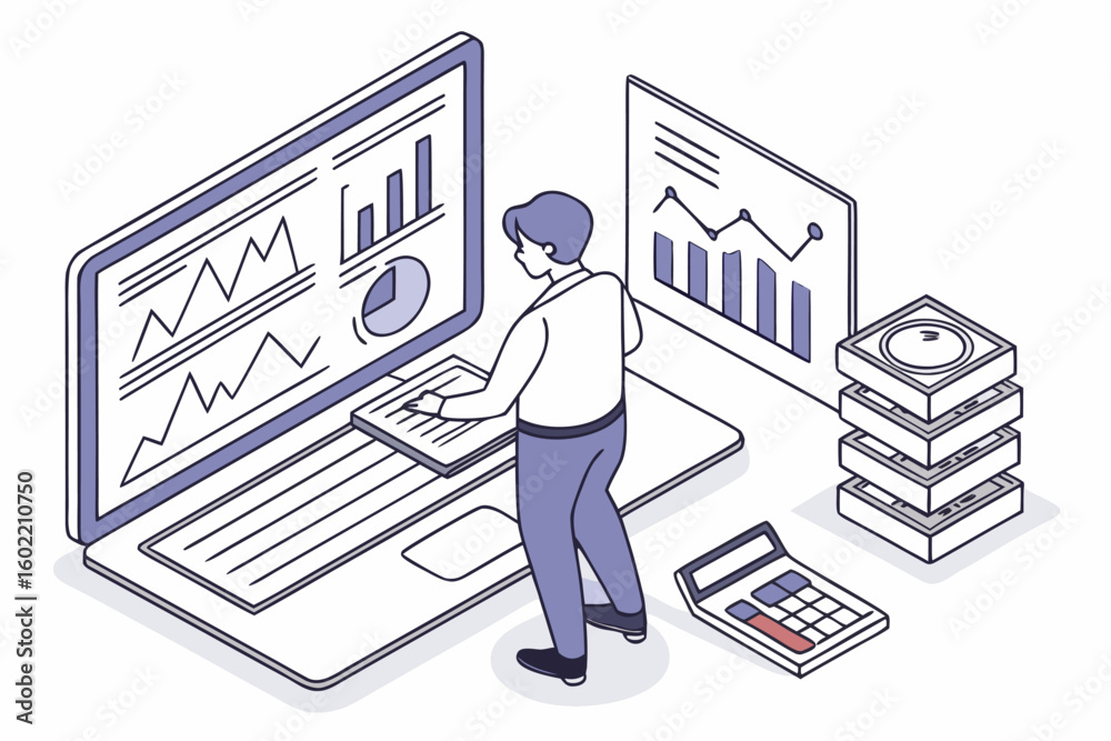 Poster data analyst reviewing financial graphs and charts on a computer while preparing reports and managin