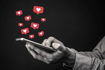 Person using phone with floating heart like symbols