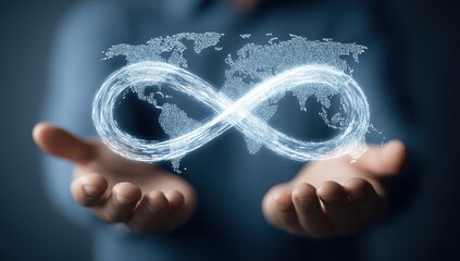 World map infinity symbol held