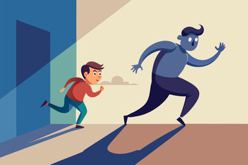 Fototapeta premium Child playfully chasing a shadowy figure in a brightly lit room during daytime fun activity