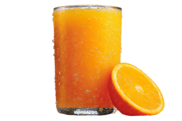 Refreshing chilled summer orange juice splash in crystal‑clear glass with floating ice cubes — ultra‑high‑resolution PNG cutout on seamless transparent background ideal for tropical beverage branding