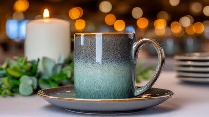 Fototapeta premium Cozy candlelit coffee experience restaurant setting beverage photography intimate atmosphere close-up view comforting vibes