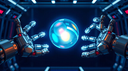 Glowing AI Orb Between Robotic Hands – Futuristic Technology Concept with Blue-Purple Light