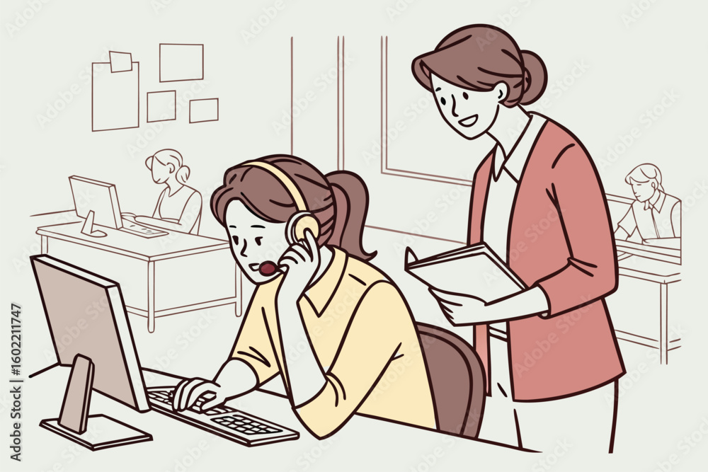 Poster office workers collaborating in a busy workplace setting with one person at a computer providing cus
