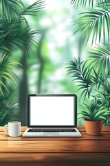 Fototapeta premium A serene workspace surrounded by lush greenery, featuring a laptop, coffee cup, and potted plant