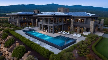 Fototapeta premium Luxury modern villa with pool mountain view real estate photography serene environment aerial perspective