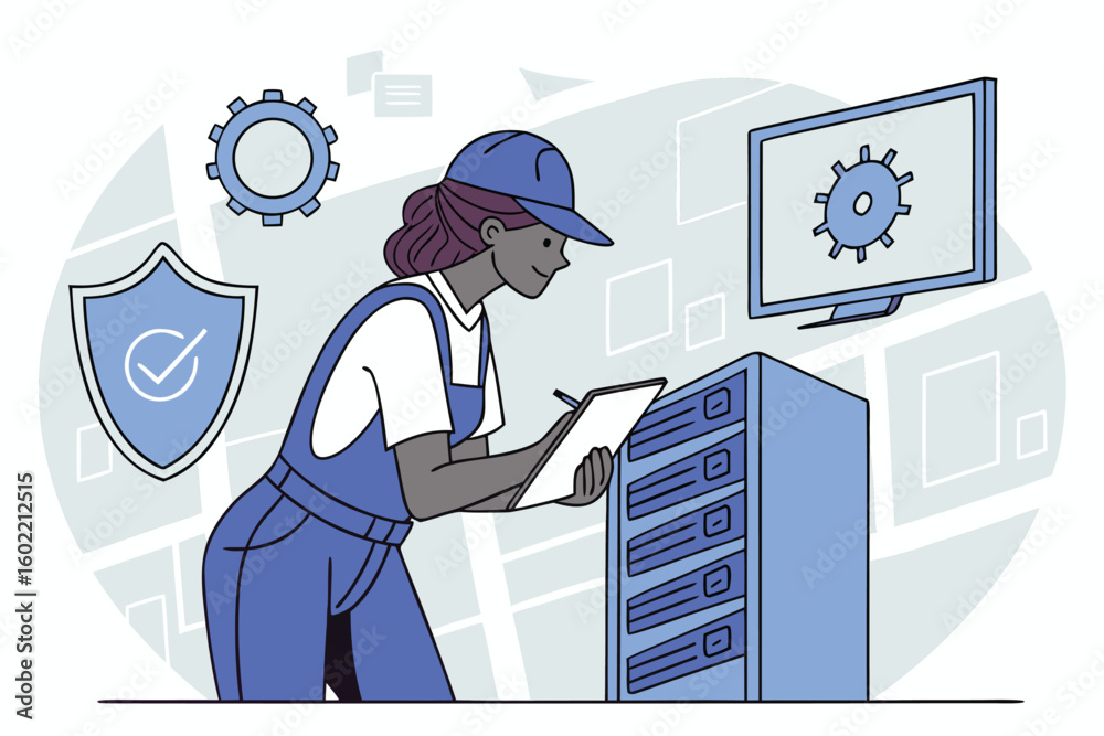 Poster worker engaging in system maintenance while checking data on a computer with security features displ