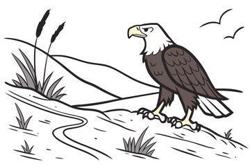 Eagle stands majestically on a hillside with plants and mountains in the background during a sunny day