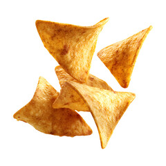 Crispy triangle tortilla chips flying in the air isolated on transparent background