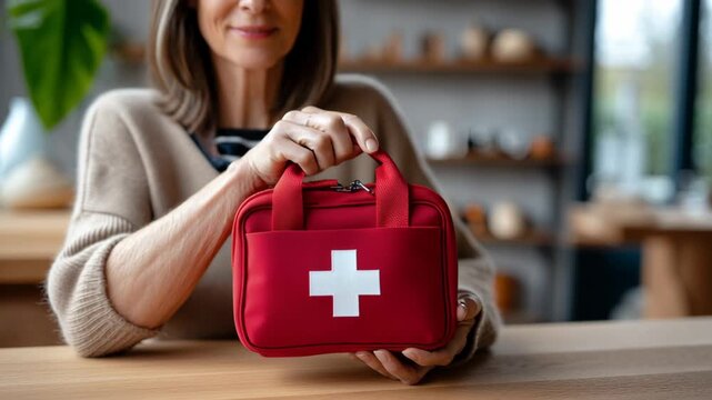 Woman holding a small red first aid kit with a white cross symbol, showcasing its importance for safety and preparedness in everyday life, surrounded by a cozy indoor environment with wooden decor