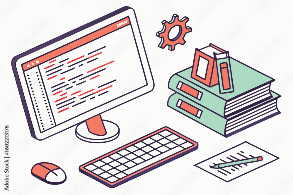 Poster workspace setup with computer, books, and notepad showcasing coding activity in a creative and organ