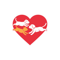 Heart symbol with running happy dogs. National pet day, Adoption fair, care and love for animals. Fostering animals. World animal day, vet clinics