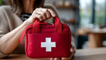 Individual holding a compact red first aid kit with a white cross symbol, showcasing essential emergency supplies, set against a blurred background of a cozy indoor environment