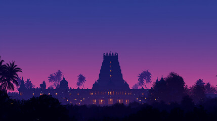 Elegant Padmanabhaswamy Utsavam banner, silhouette of the temple’s iconic gopuram against a twilight sky, soft indigo-to-purple gradient background