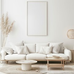 Minimalist living room with a white couch. wooden coffee table. and a large empty picture frame above